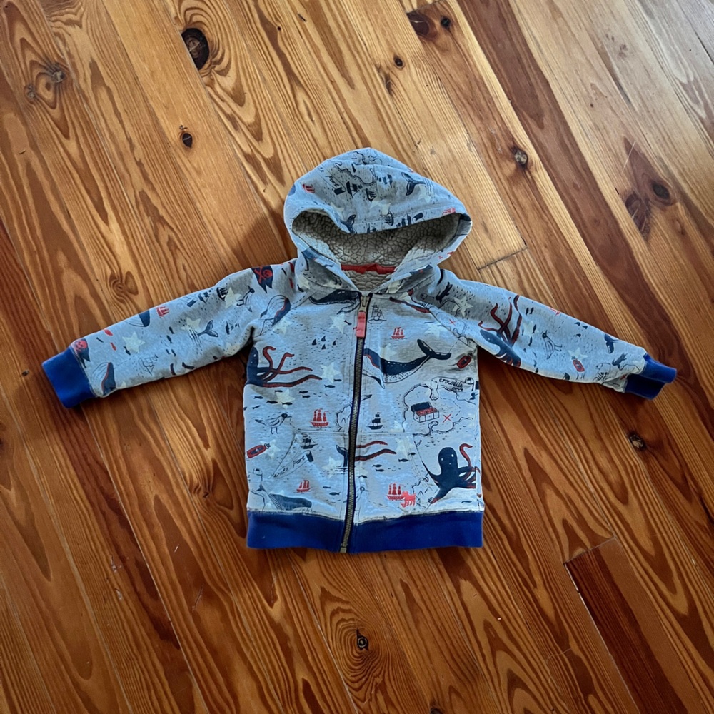 Mini Boden Blue and Gray Pirate Sherpa Hoodie, size 2-3yo